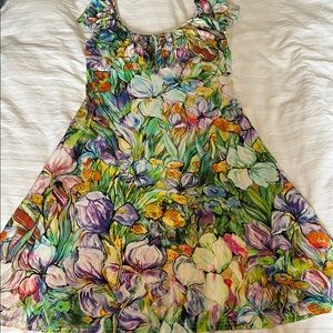 Cartise watercolour floral viscose/spandex jersey dress ruffle cap sleeves EUC